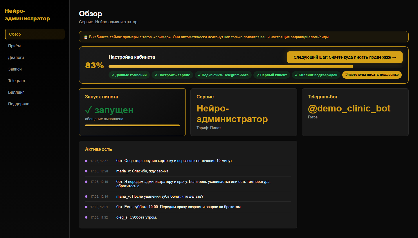 Кабинет Нейро-администратора: прогресс запуска, активность, Telegram-бот и обращения клиентов