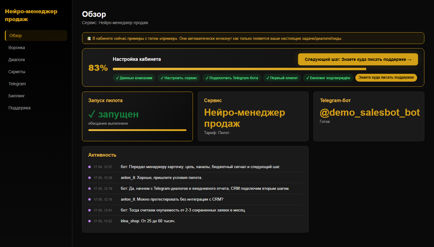 Кабинет Нейро-менеджера продаж: воронка, диалоги, скрипты, Telegram-бот и активность